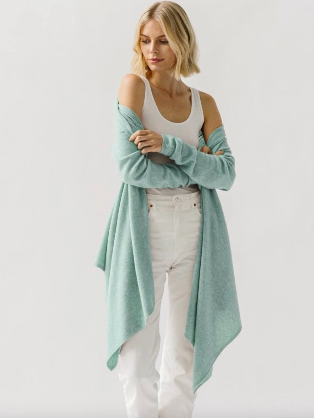 Gossamer Cashmere 100% Cashmere Sweater-Wrap in Seaglass, NWT